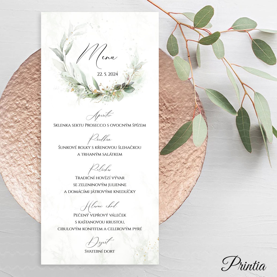 Svatební menu s rostlinným věncem