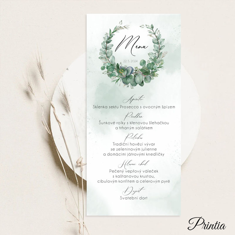 Wedding menu with eucalyptus wreath