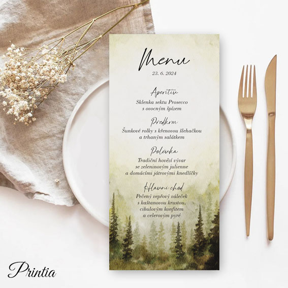 Svatební menu s motivem lesa