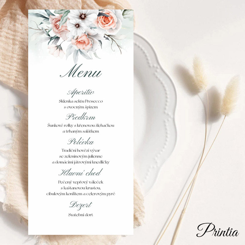Svatební menu s meruňkovo šedými květinami
