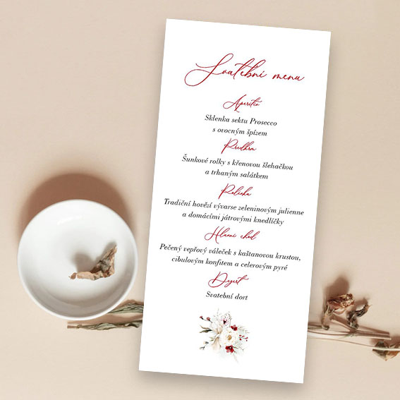 Wedding menu with red and white flowers