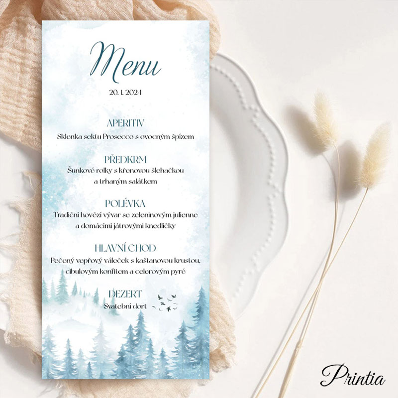 Wedding menu with a snowy landscape