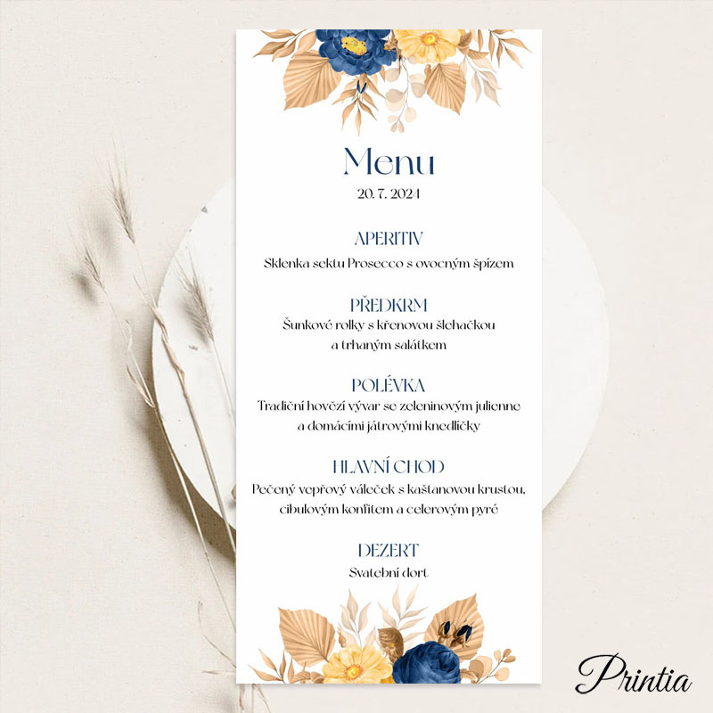 Svatební menu s modro žlutými květinami