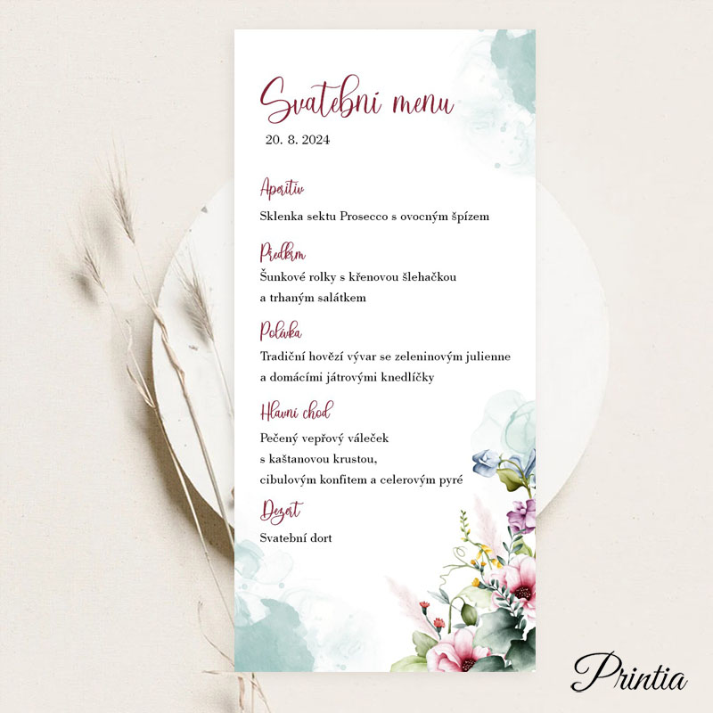 Svatební menu s pestrými květinami