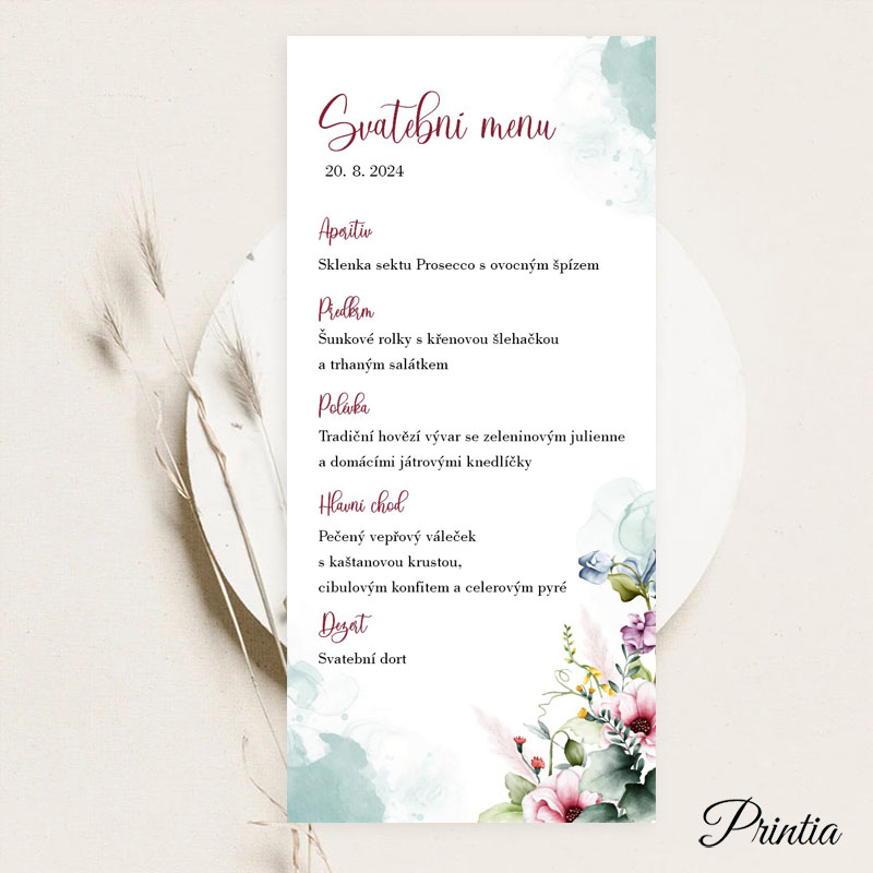 Wedding menu with colorful flowers