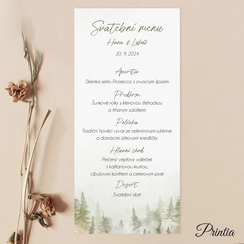 Svatební menu s motivem lesa