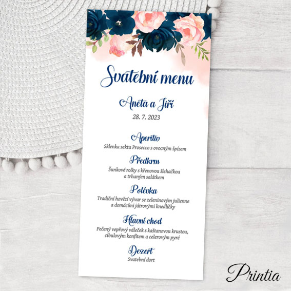 Wedding menu pink-blue flowers