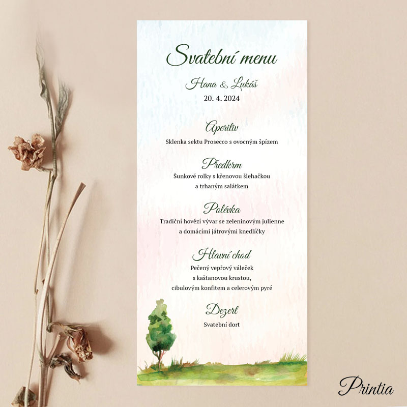 Wedding menu with landscape and tree
