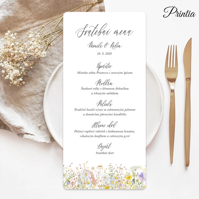 Wedding menu with meadow flowers