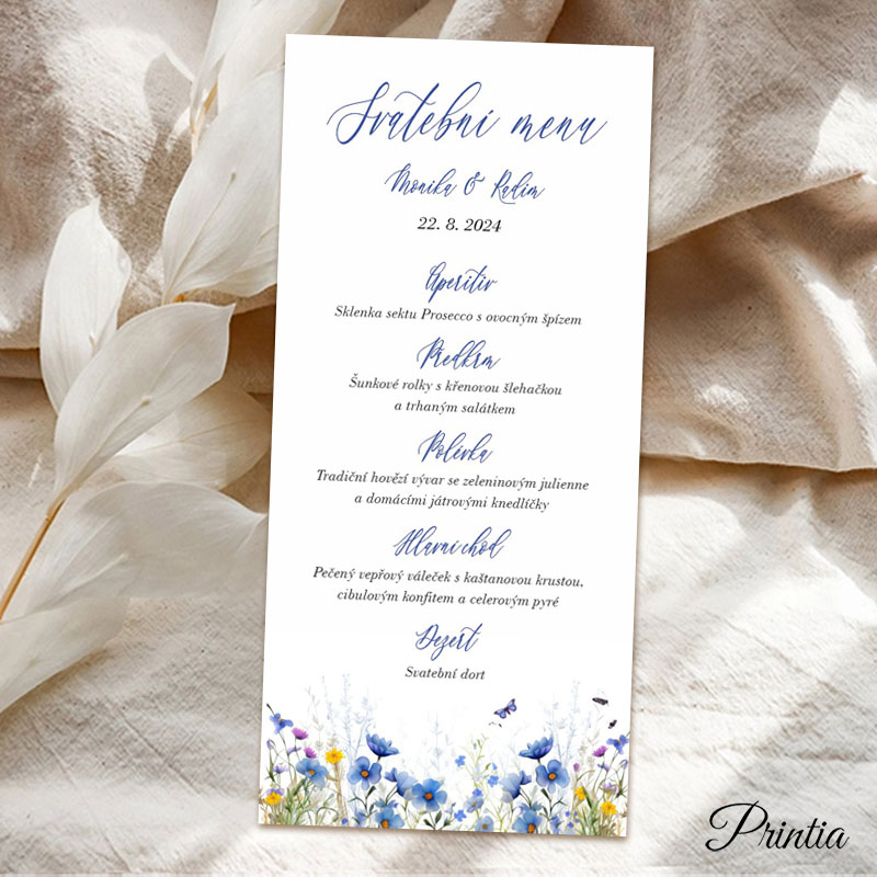 Wedding menu with a meadow of blue flowers