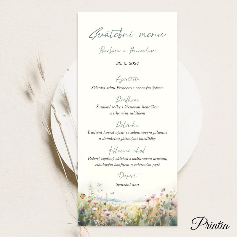 Svatební menu s rozkvetlou loukou