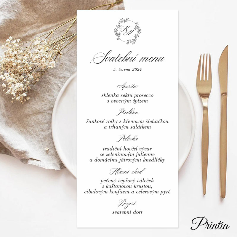 Svatební menu s iniciály