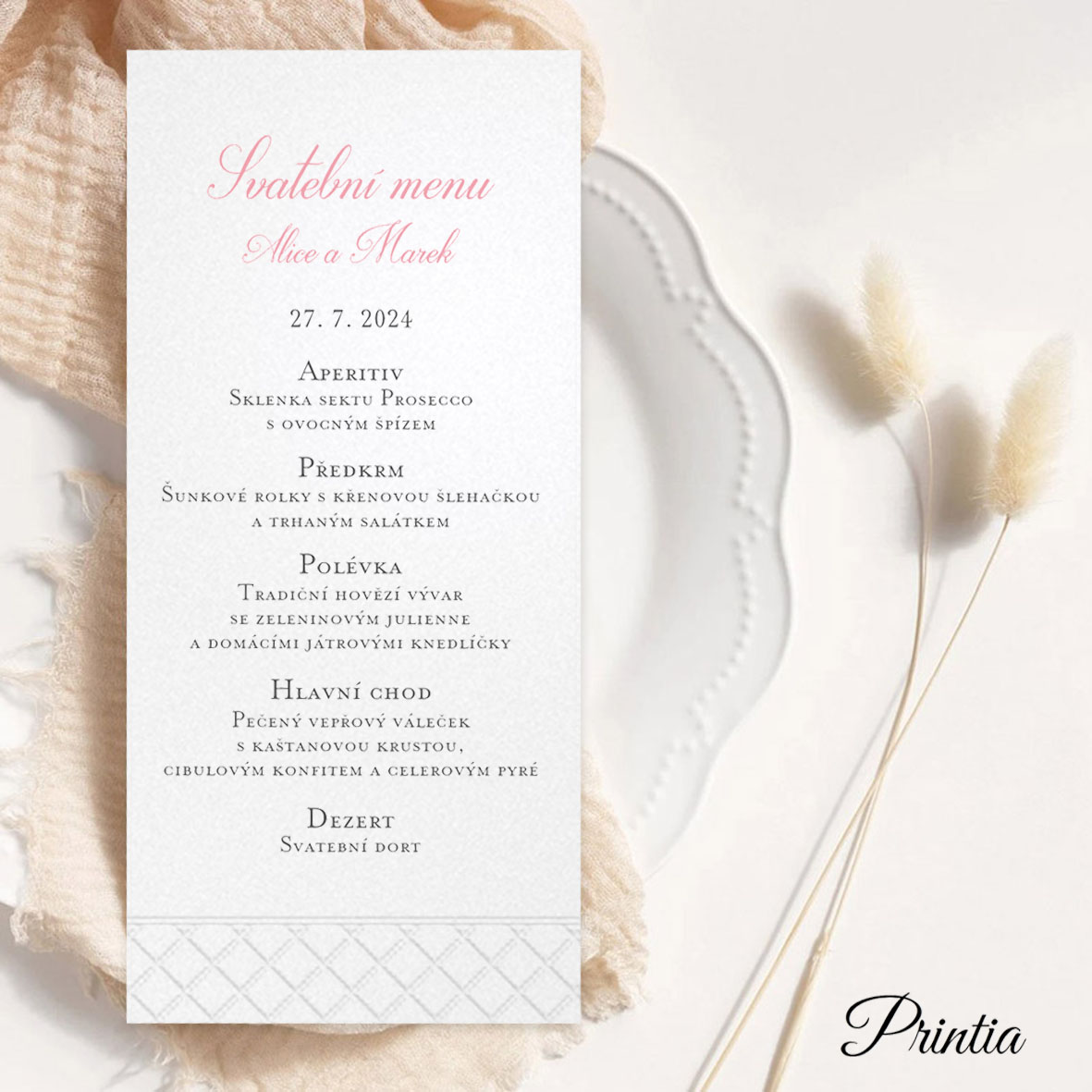 Wedding menu with debossed ornament