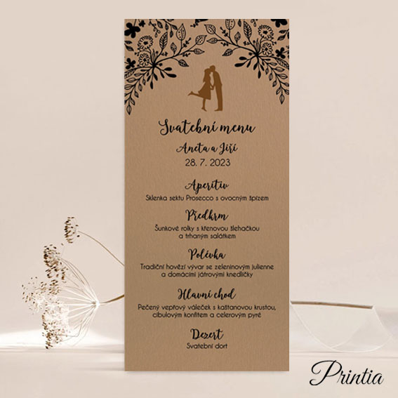 Wedding menu with silhouette of couple