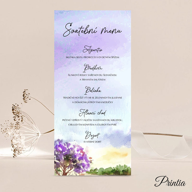 Wedding menu with purple tree