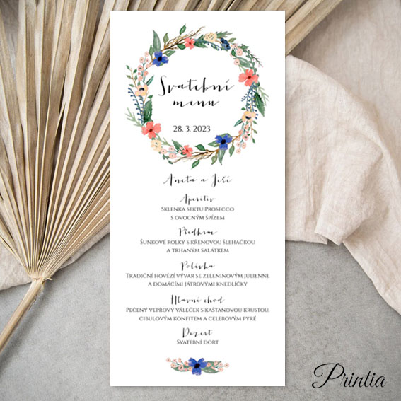 Wedding menu wreath of flowers