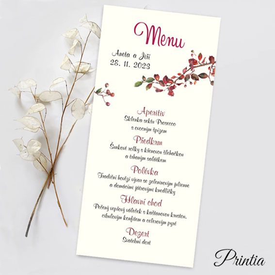 Autumn wedding menu with tree branch