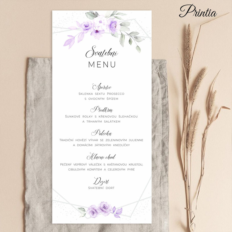 Svatební menu s lila akvarelovými květinami