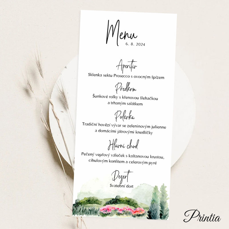 Wedding menu with landscape and cypress trees