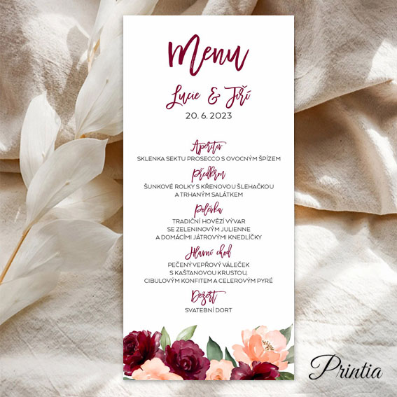 Svatební menu s výraznými květy