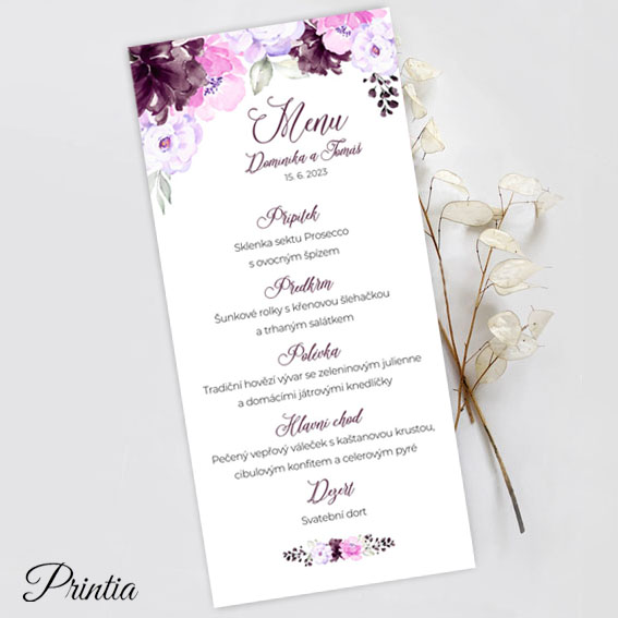 Wedding menu with flowers in shades of purple and pink 