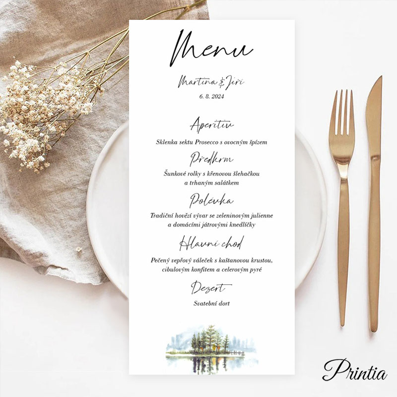 Wedding menu with trees by the lake