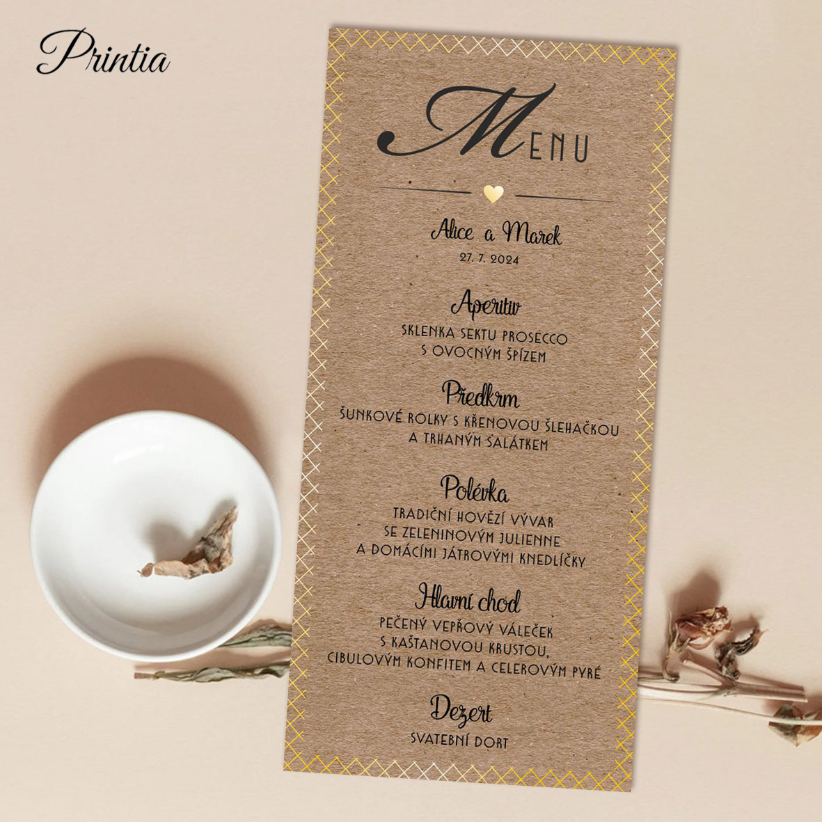 Wedding menu with golden edges and heart