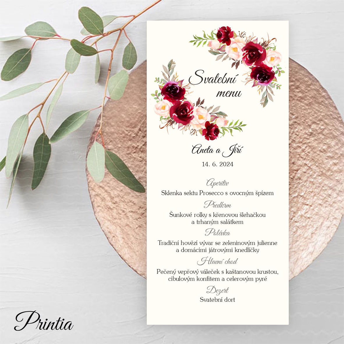 Wedding menu with red flowers