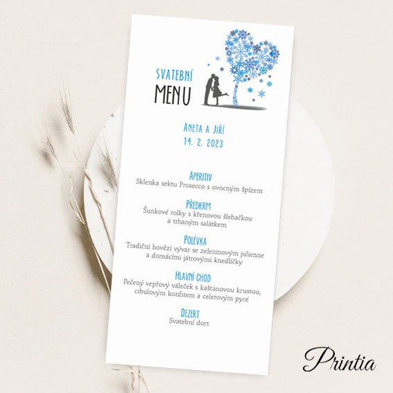 Winter wedding menu with snowflakes