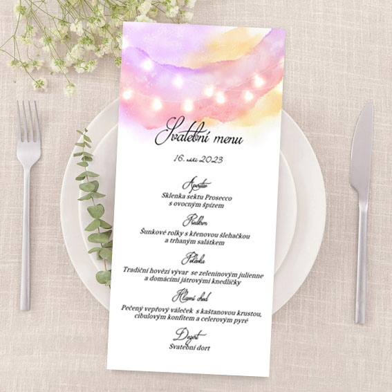 Colorful evening celebrations theme wedding menu