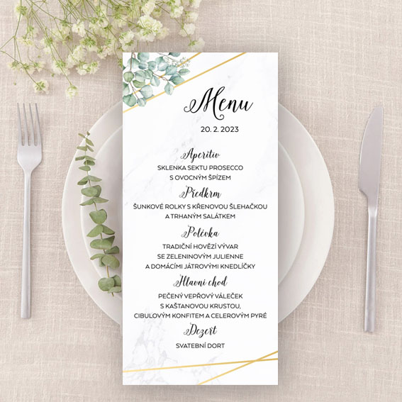 Svatební menu s eukalyptovými listy a linkami
