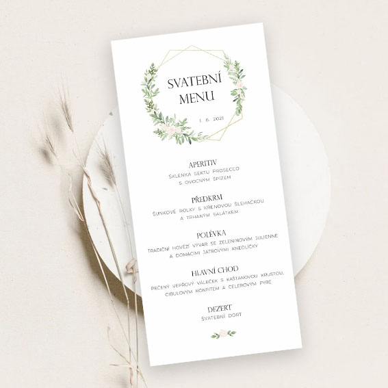 Geometric wedding menu with wreath of flowers