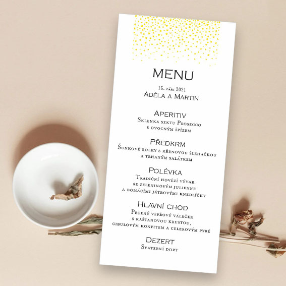 Wedding menu with golden hearts