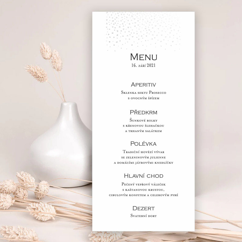 Wedding menu with silver rainbow embossed hearts