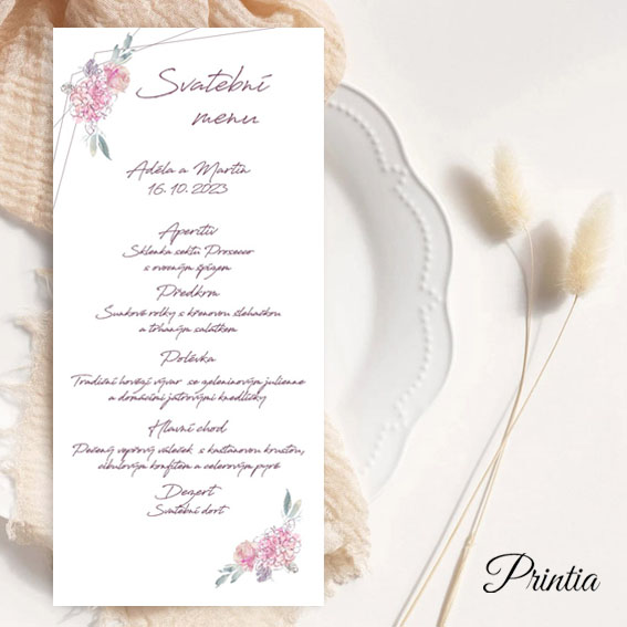 Geometric wedding menu with watercolor flowers
