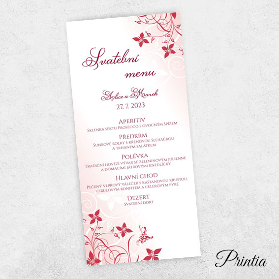Burgundy red wedding menu with flowers