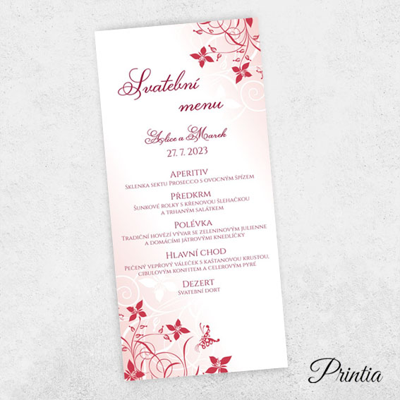 Červené svatební menu s květinami