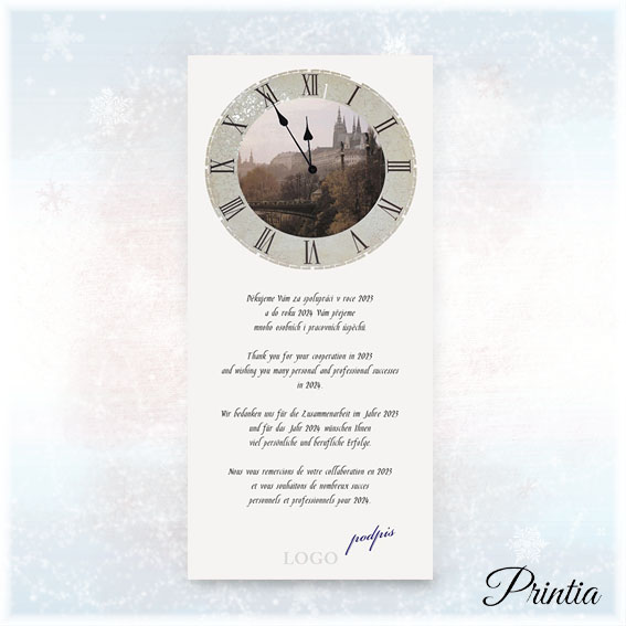 New Year's card with a clock motif and Prague pisture