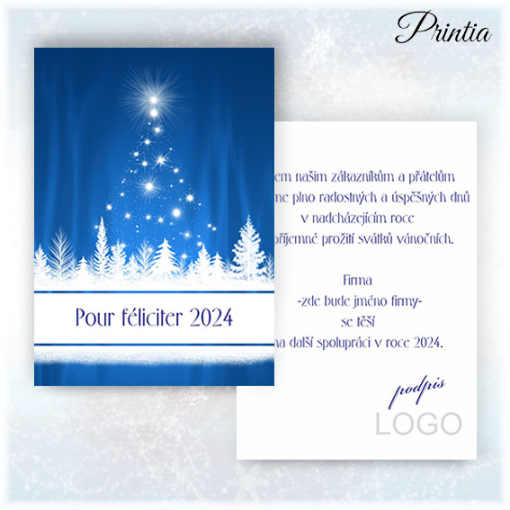 Double-sided New Year's card with white trees on a blue background