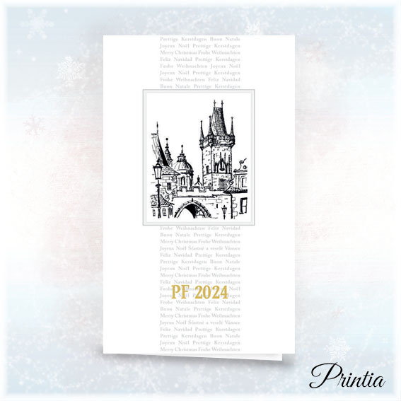 Otevírací novoroční přání s kresbou Malostranksé mostecké věže