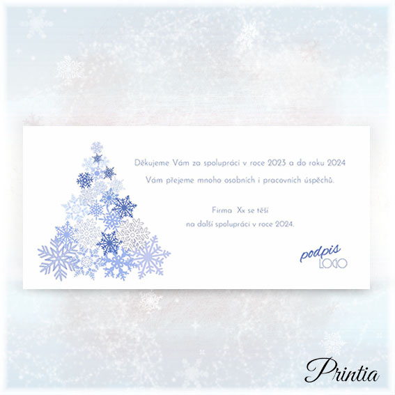 New Year's card with blue snowflakes in the shape of a Christmas tree