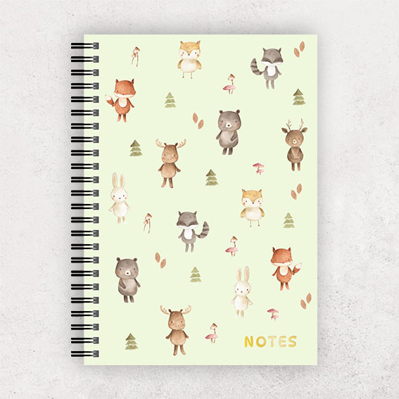 Spiral notebook with wood animals