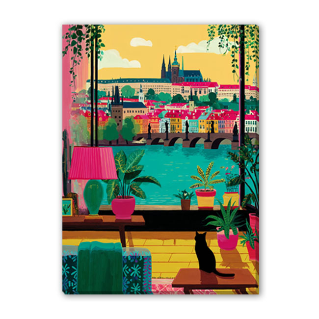 Obraz s mačkou Karlov most a Hradčany