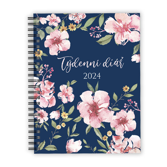 Blue weekly diary with pink flowers