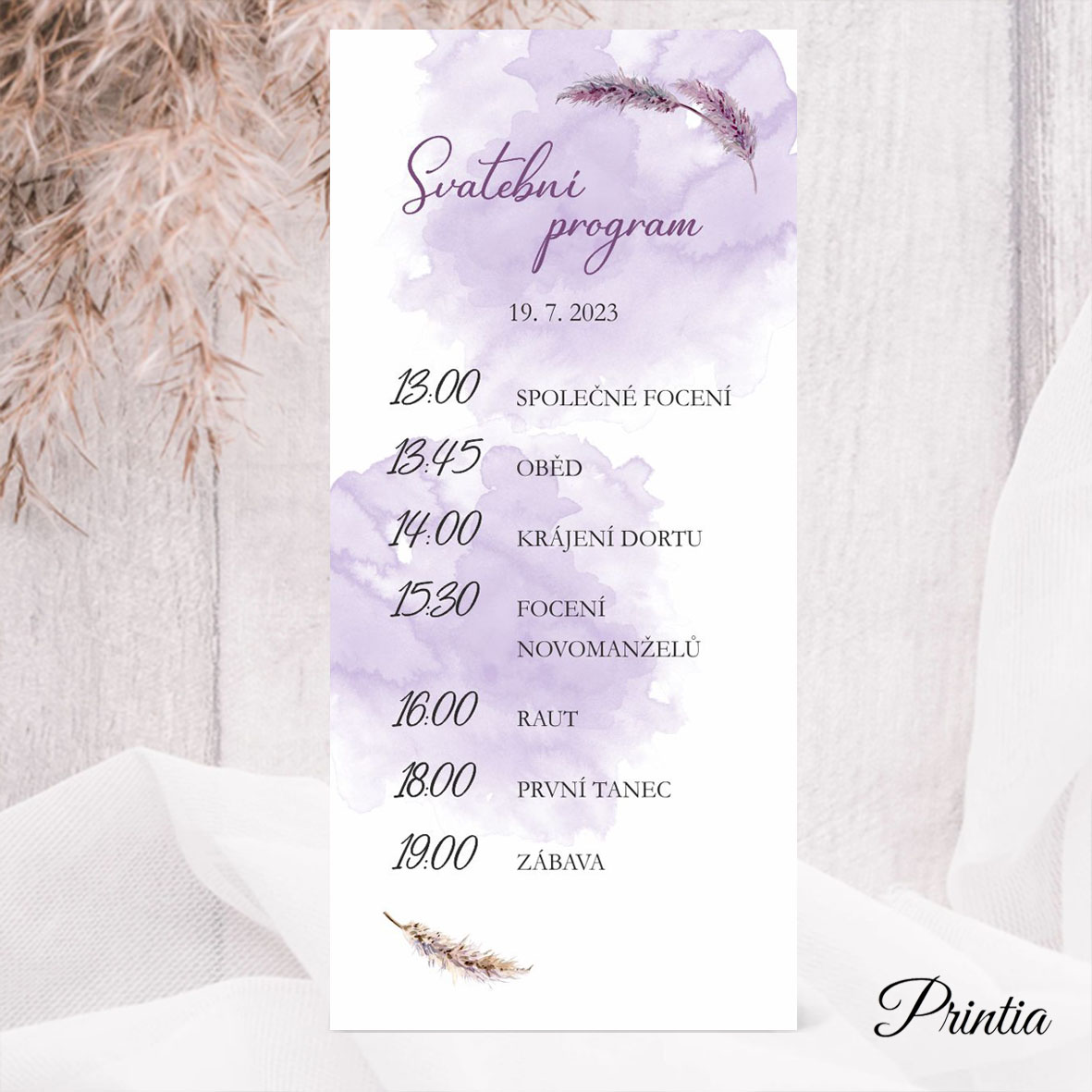 Wedding day schedule with lilac background and twigs