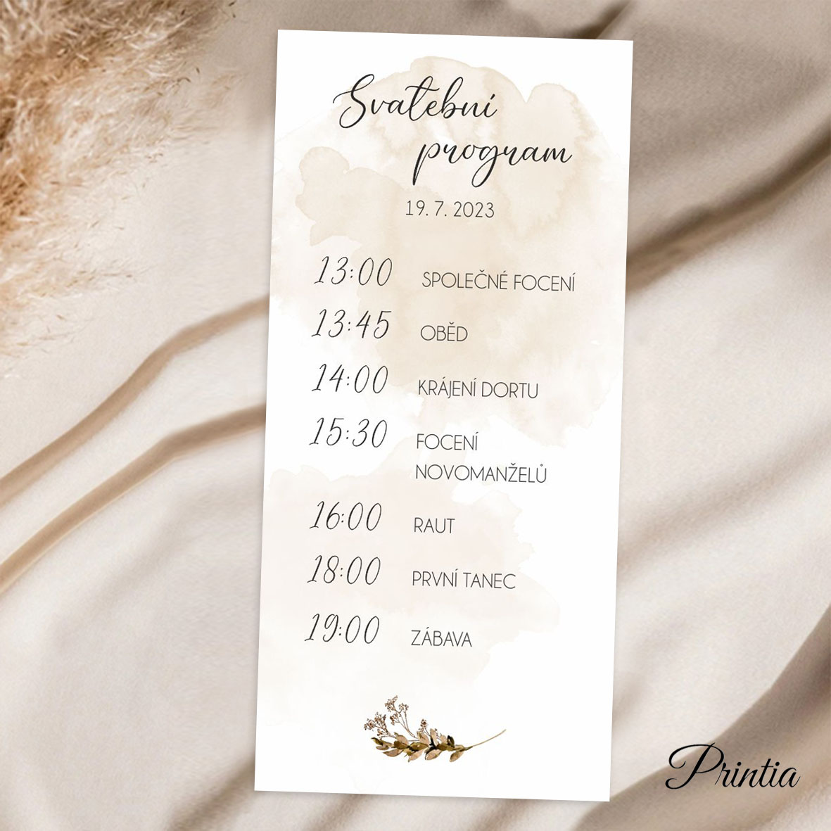 Wedding day schedule with watercolor background and twig 