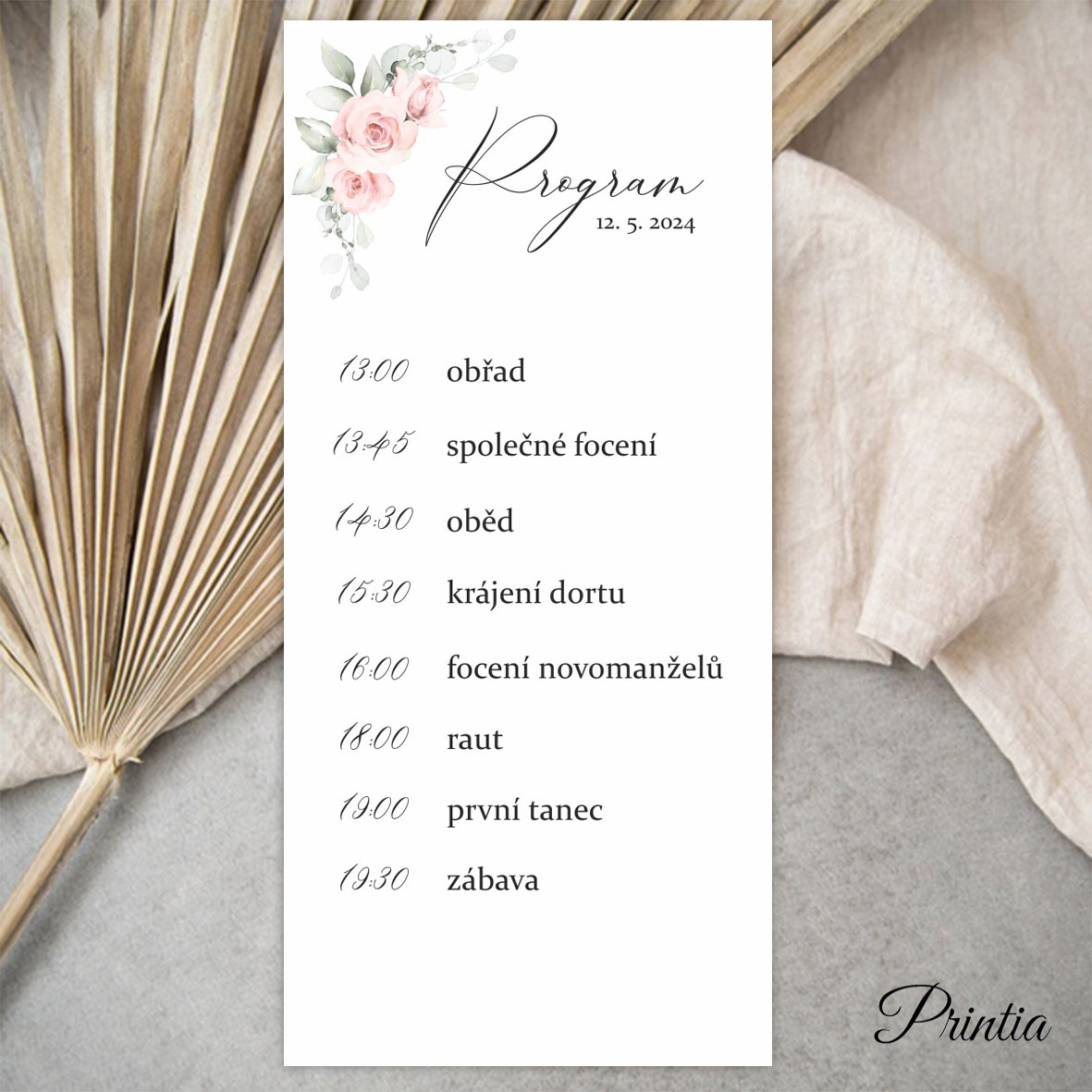 Wedding day schedule with pink flowers