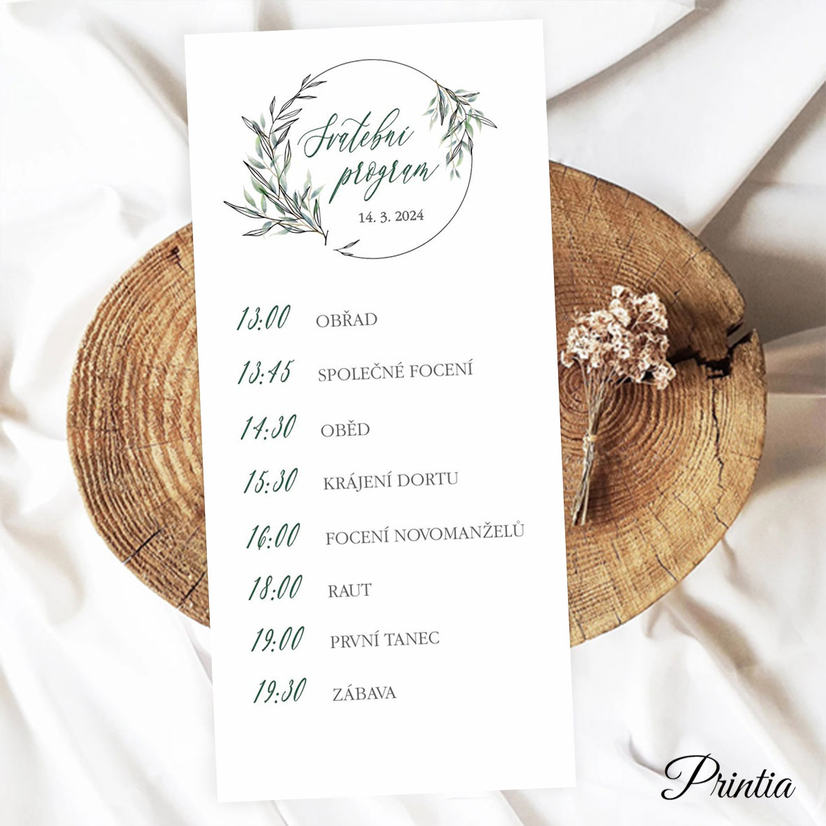 Wedding day program with a wreath of twigs