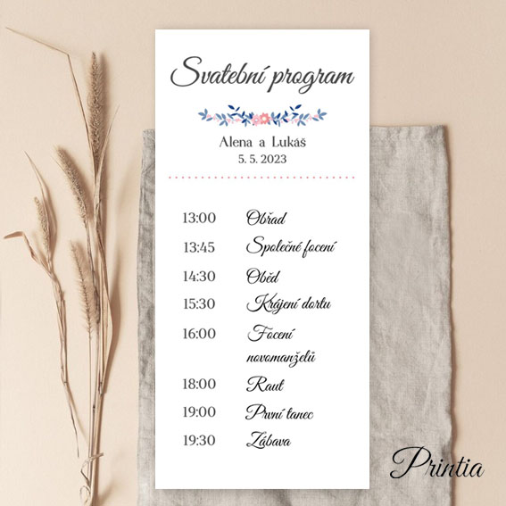 Svatební program růžovo modrá větvička