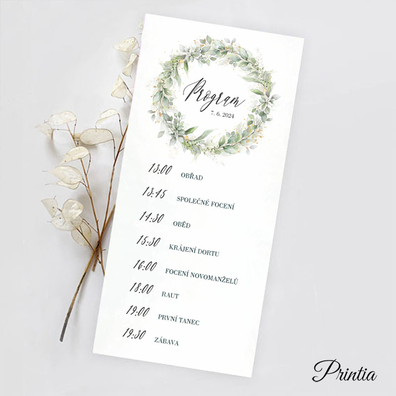 Wedding timeline with eucalyptus wreath